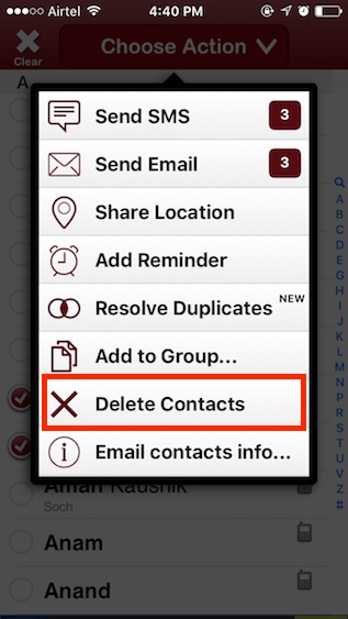 delete contacts on iPhone
