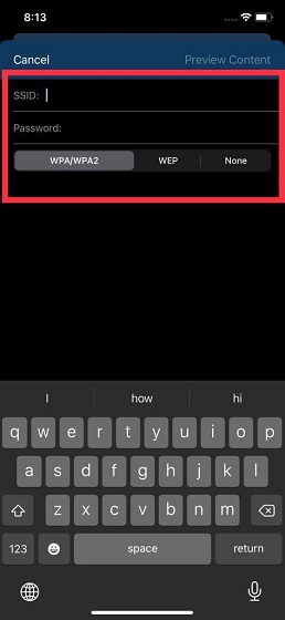 enter WiFi SSD and password - Share Wi-Fi password from iPhone to Android