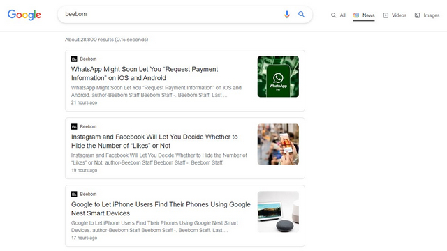google search new test news section