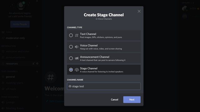 stage channel discord