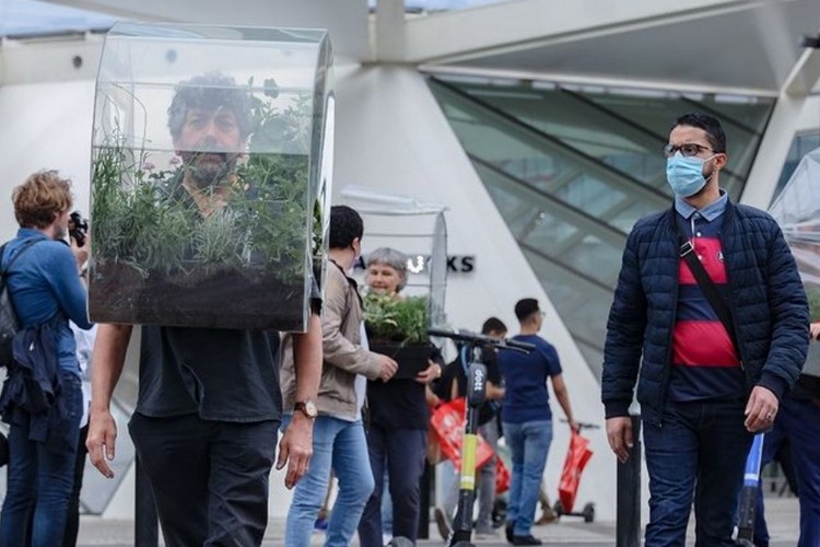 this man wears a portable oasis instead of mask