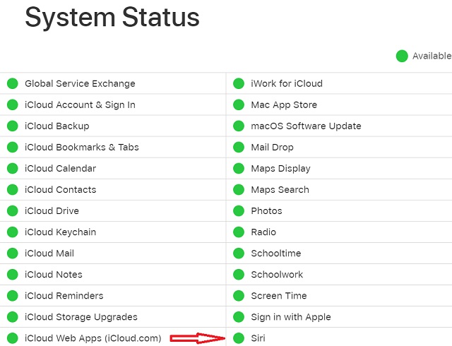 Apple's system status for Siri