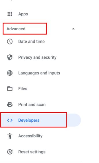 Developers option on Chromebook