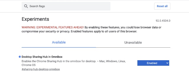 chrome flag desktop sharing hub