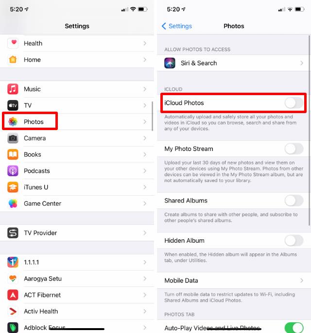 تمكين النسخ الاحتياطية التلقائية في صور icloud على iphone