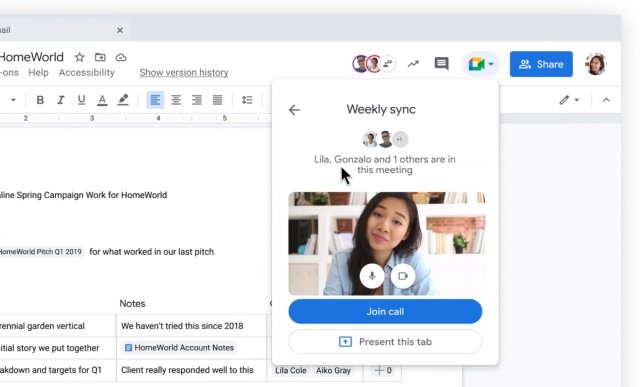 google meet in docs, sheet and slides