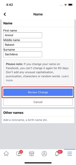 how to change name on facebook - ios