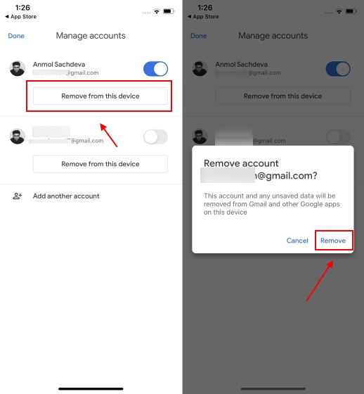 remove gmail account on iOS device 2