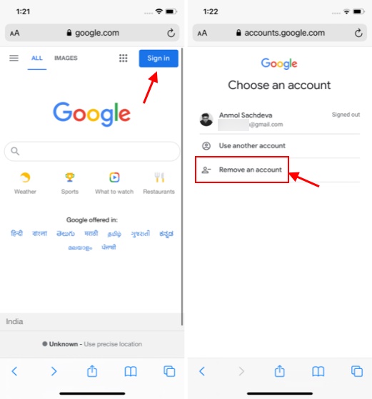 safari clear google accounts