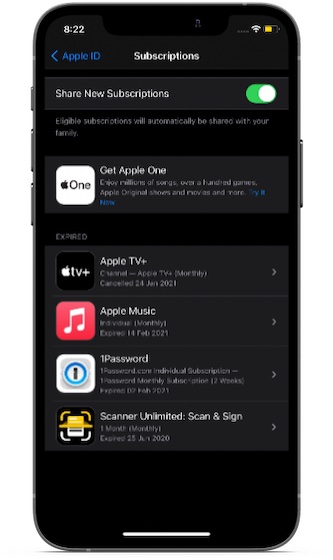 screenshot of the subscriptions page in Apple ID settings