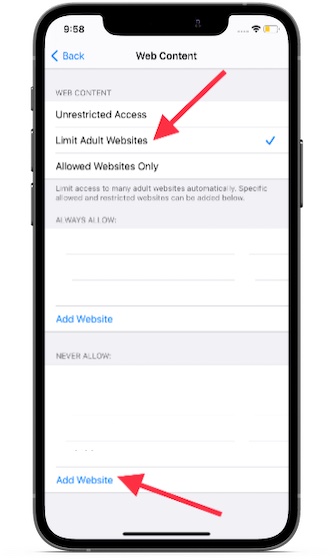 Tap on add website - How to Block Websites in Safari on iPhone and Mac