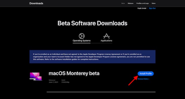 Klicken Sie auf das Beta-Profil von macOS 12