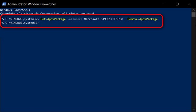 reinstall cortana windows 10 powershell