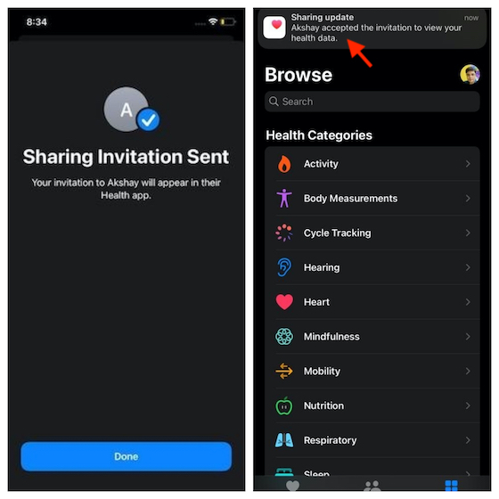 Invitation accepted- how to set up Health Sharing in iOS 15