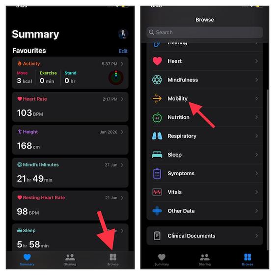 Health app browse, mobility sections