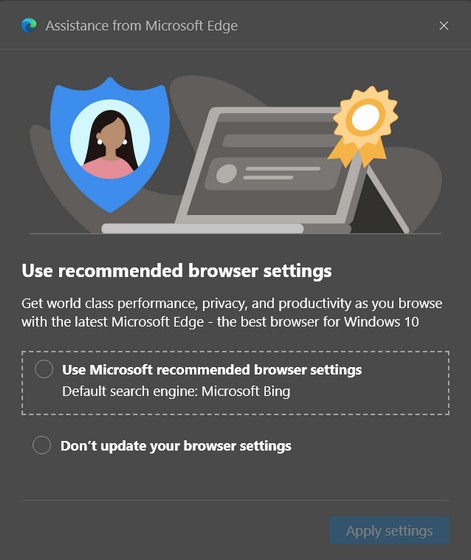 Popup für empfohlene Browsereinstellungen in Microsoft Edge verwenden