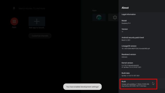 Build number in Raspberry Pi Android TV