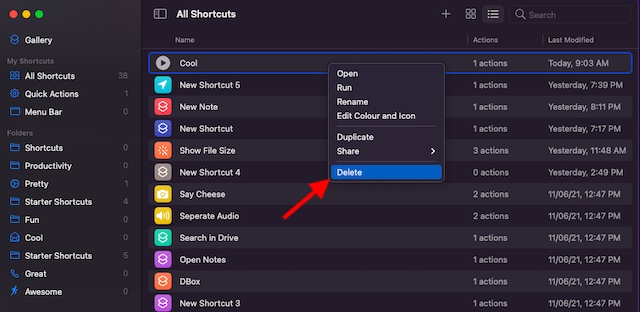 delete a shortcut - Create Shortcuts in macOS Monterey on mac