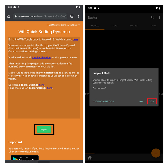 Импортировать проект Tasker