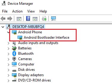 Device manager showing android bootloader interface