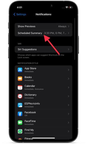 выберите «Сводка по расписанию» - «Включить сводку уведомлений в iOS 15»