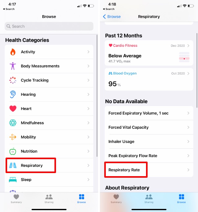 Daten zur Atemfrequenz beim Schlafen in der Gesundheits-App auf dem iPhone