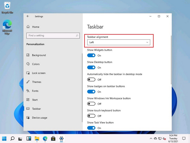 windows 11 change taskbar alignment