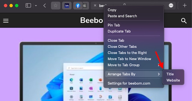 Arrange Safari tabs by title and website