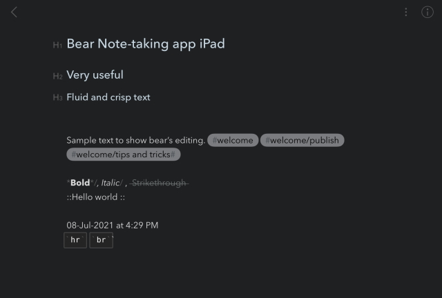 Bear iPad notetaking app