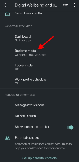 enable Bedtime Mode 