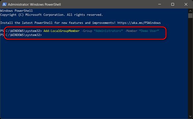 Измените тип учетной записи со стандартной на административную с помощью PowerShell в Windows 11