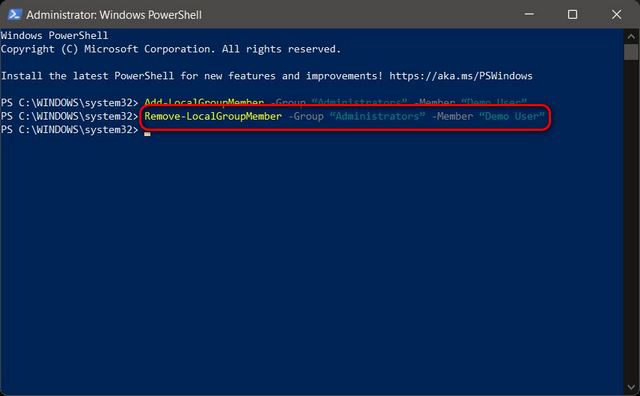 Измените тип учетной записи со стандартной на административную с помощью PowerShell в Windows 11