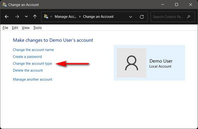 Change Account Type From Standard to Administrator via Control Panel in Windows 11