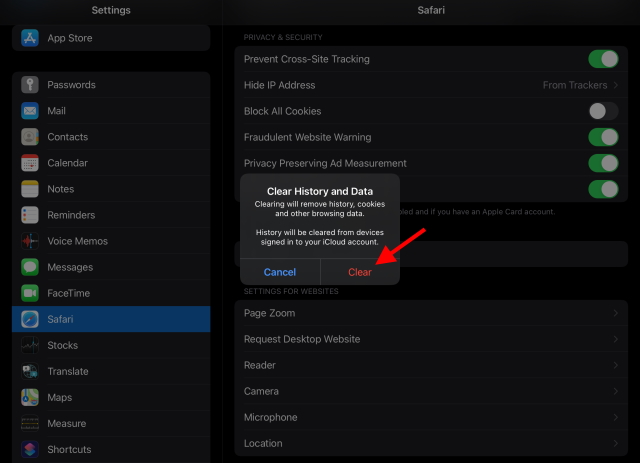 clear cookies and cache ipad