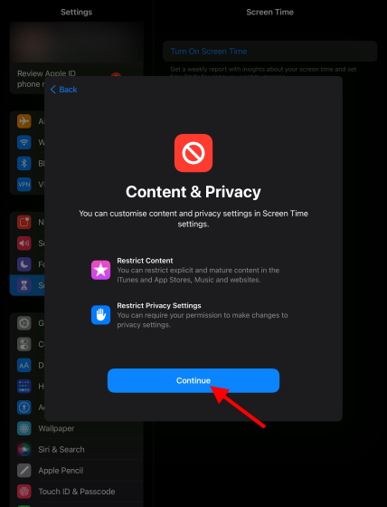 Content continue parental controls iPad