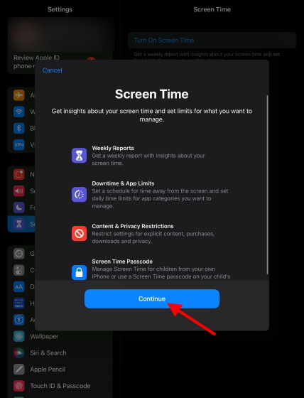 Continue Screen Time parental controls ipad