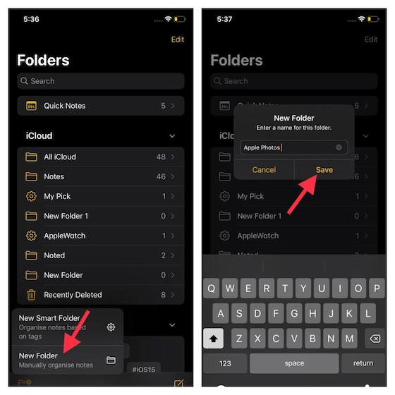 Creating a folder within the Notes app
