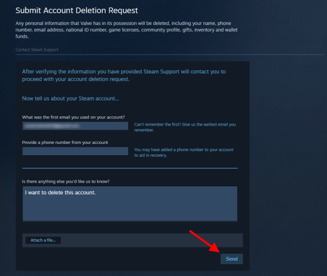 delete steam account form
