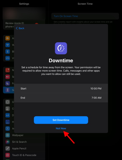 skip downtime parental controls iPad