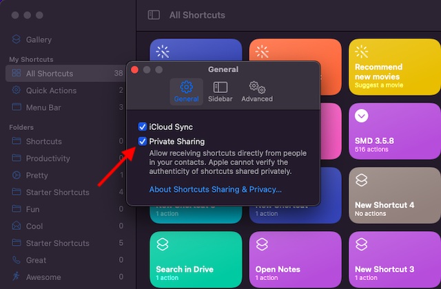 Enable Private Sharing for shortcuts