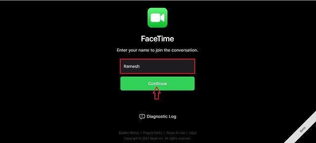 Enter your name for FaceTime call