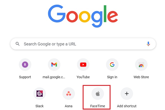 FaceTime shortcut on Chrome homepage