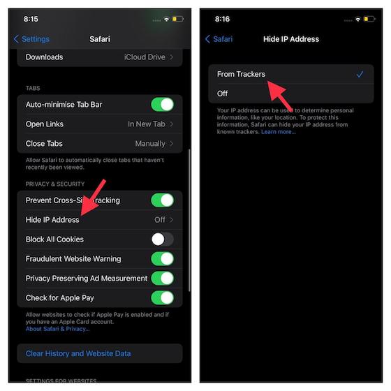 Hide IP address in Safari via Settings