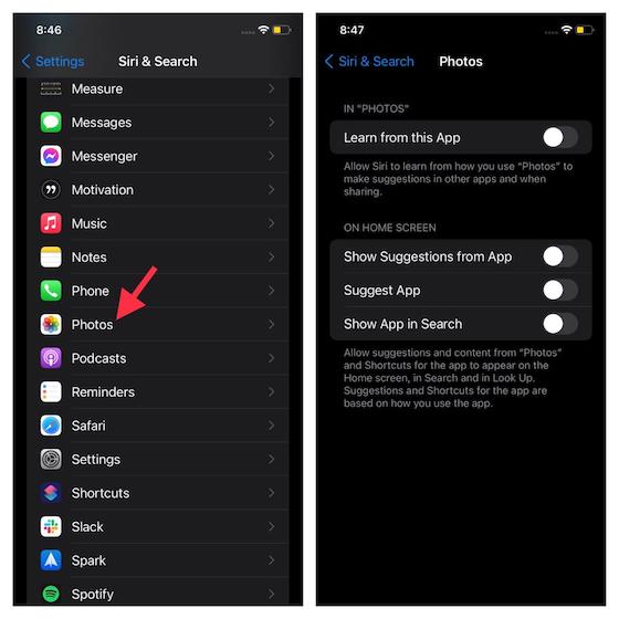iOS 15 settings to Hide Photos from Spotlight Search