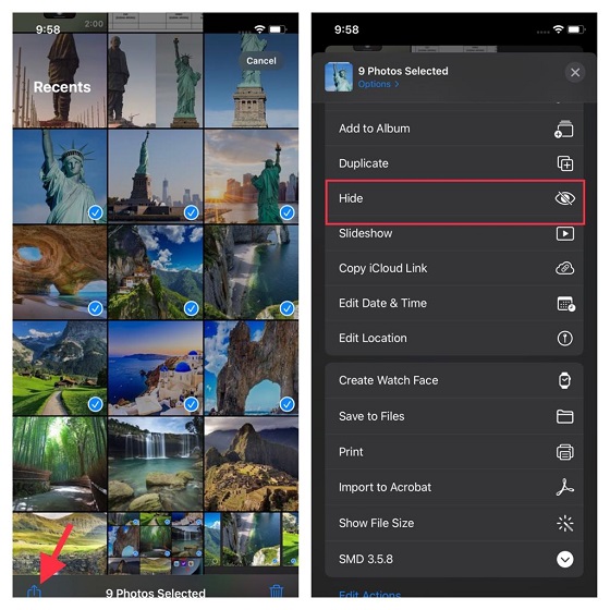 Hide Photos on iPhone and iPad using Photos App