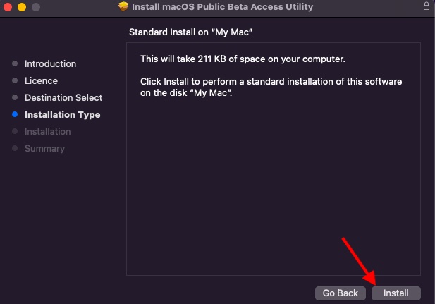 Hit Install -  Install macOS Monterey Public Beta