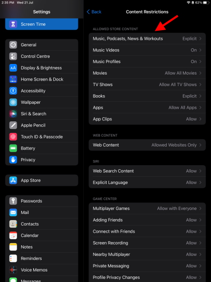 Music Settings iPad parental controls 