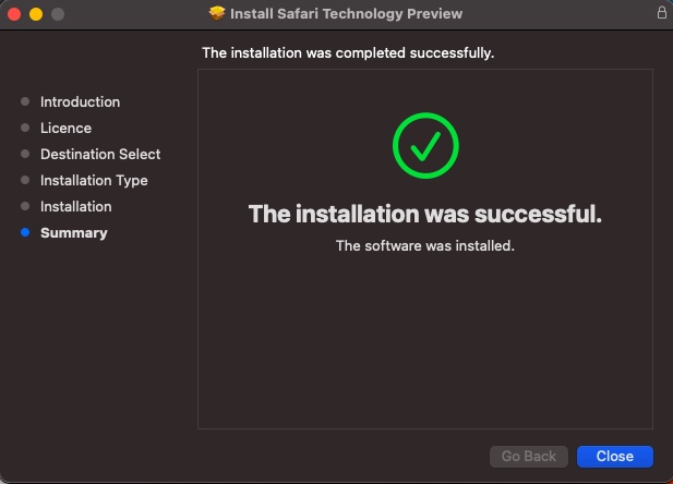 Safari technology preview installation successful - install Safari Browser on macOS Big Sur