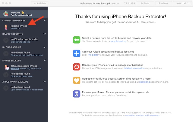 Select your device after launching iPhone Backup Extractor