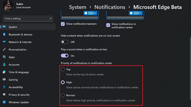 Set Notification Priority in Windows 11